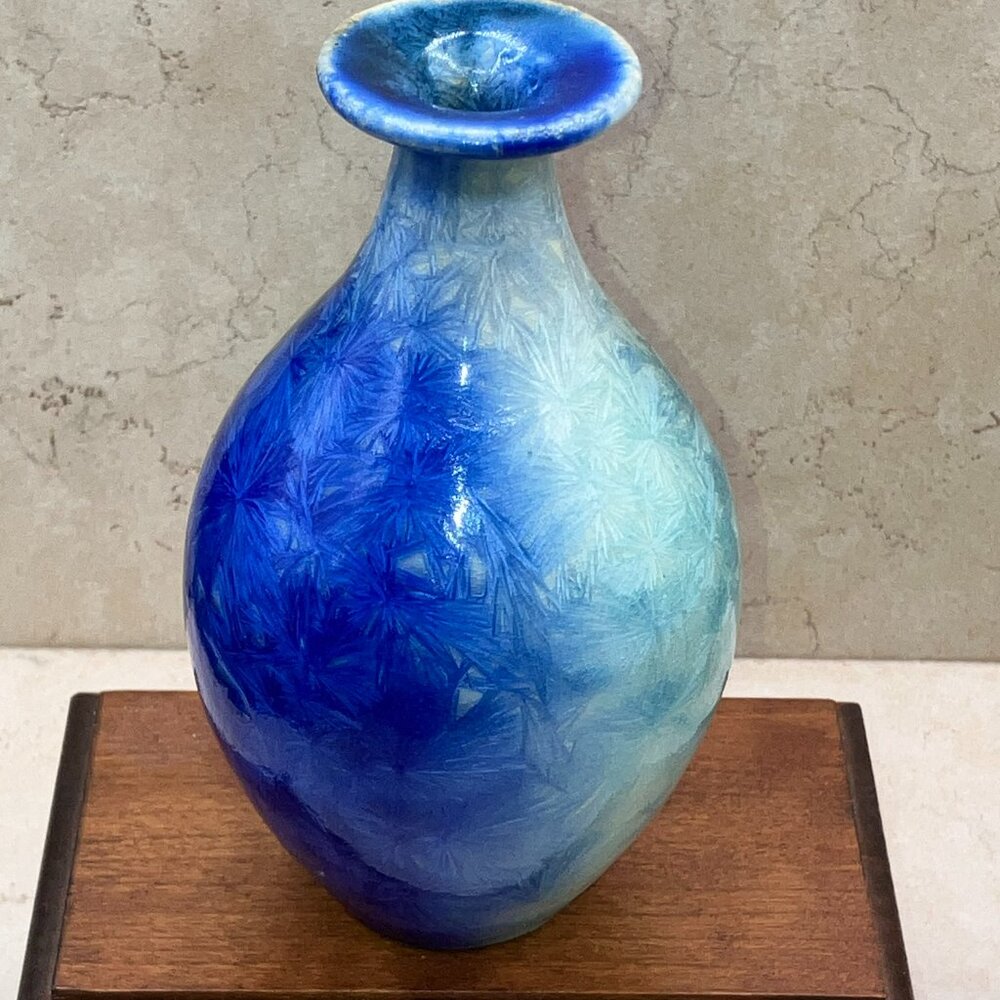 Vintage Gradient Blue Crystalline Small Bud Vase  Artist Signed 1990s